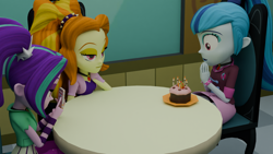 Size: 3840x2160 | Tagged: safe, artist:northern haste, imported from derpibooru, adagio dazzle, aria blaze, sonata dusk, human, equestria girls, 3d, 4k, birthday cake, blender, bored, cake, food, high res, phone, rainbow rocks 10th anniversary, the dazzlings