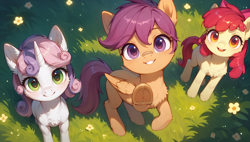 Size: 3840x2176 | Tagged: safe, imported from derpibooru, apple bloom, scootaloo, sweetie belle, earth pony, pegasus, pony, unicorn, ai assisted, ai content, bandaid, bipedal, bipedal leaning, blank flank, cute, cutie mark crusaders, female, flower, folded wings, generator:stable diffusion, generator:tponynai3, grass, horn, leaning, looking at you, meadow, prompter:truekry, raised hoof, reaching, sitting, trio, trio female, underhoof, wallpaper, wings