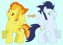 Size: 1825x1313 | Tagged: safe, artist:naggfruit, imported from derpibooru, soarin', spitfire, pegasus, duo, duo male and female, female, looking at each other, looking at someone, male, shipping, simple background, soarinfire, spread wings, straight, wings