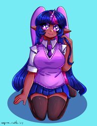 Size: 2550x3300 | Tagged: safe, artist:mylittleyuri, imported from derpibooru, twilight sparkle, alicorn, human, big breasts, blue background, breasts, busty twilight sparkle, clothes, dark skin, elf ears, eyebrows, eyebrows visible through hair, high res, horn, horned humanization, humanized, kneeling, looking offscreen, necktie, signature, simple background, skirt, smiling, socks, solo, stockings, thigh highs, twilight sparkle (alicorn), vest, white pupils, winged humanization, wings