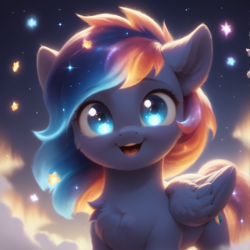 Size: 1360x1360 | Tagged: safe, imported from derpibooru, oc, oc only, pegasus, pony, ai content, ai generated, cheek fluff, chest fluff, cloud, cloudy, cute, ethereal mane, female, generator:bluefox mix, generator:stable diffusion, happy, looking at you, mare, open mouth, open smile, prompter:adorablebluefox, smiling, smiling at you, solo, standing, starry eyes, starry mane, wingding eyes, wings