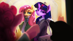 Size: 1920x1080 | Tagged: safe, artist:hierozaki, imported from derpibooru, fluttershy, pinkie pie, twilight sparkle, anthro, earth pony, pegasus, unicorn, clothes, female, horn, lidded eyes, looking at you, mare, open mouth, purse, scarf, trio