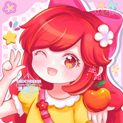 Size: 2000x2000 | Tagged: safe, artist:迷路miluto, imported from derpibooru, apple bloom, human, abstract background, adorabloom, apple, avatar, blushing, bust, chibi, chinese, cute, food, humanized, looking at you, miniworld, one eye closed, outline, portrait, solo, text, white outline, wink