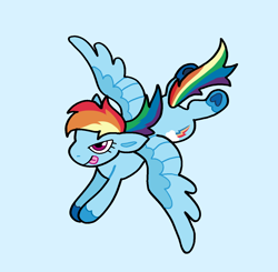 Size: 1294x1269 | Tagged: safe, artist:junglefiend, imported from derpibooru, rainbow dash, pegasus, pony, :p, blue background, female, flying, full body, mare, simple background, smiling, solo, tongue out