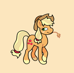 Size: 1294x1269 | Tagged: safe, artist:junglefiend, imported from derpibooru, earth pony, pony, female, full body, mare, orange background, simple background, smiling, solo, straw in mouth