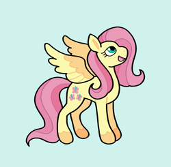 Size: 1294x1269 | Tagged: safe, artist:junglefiend, imported from derpibooru, fluttershy, pegasus, pony, blue background, female, full body, mare, open mouth, open smile, simple background, smiling, solo