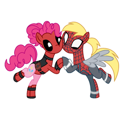 Size: 1020x944 | Tagged: safe, artist:dazzle, imported from derpibooru, derpy hooves, pinkie pie, earth pony, pegasus, base used, blonde, clothes, cosplay, costume, curly mane, deadpool, duo, duo female, female, mare, marvel, pinkiepool, ponytail, simple background, spidermare, superhero, transparent background