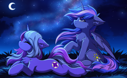 Size: 2007x1240 | Tagged: safe, artist:airiniblock, imported from derpibooru, oc, oc only, oc:moon violet, oc:night shine, alicorn, unicorn, female, horn, mare, moon, night, sky, stars