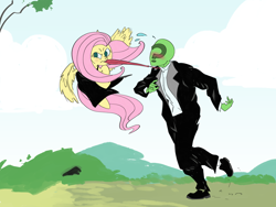 Size: 4000x3000 | Tagged: safe, anonymous artist, imported from derpibooru, fluttershy, oc, oc:anon, human, pegasus, pony, assertive, blushing, clothes, dress, female, flying, male, mare, mouth hold, necktie, pulling, suit