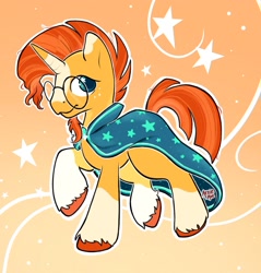 Size: 1803x1886 | Tagged: safe, artist:arnie_mae_, imported from derpibooru, pony, unicorn, cape, clothes, coat markings, freckles, glasses, horn, looking at you, male, smiling, socks (coat markings), solo, stallion, unshorn fetlocks