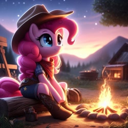 Size: 1024x1024 | Tagged: safe, imported from derpibooru, pinkie pie, earth pony, pony, ai content, ai generated, boots, campfire, clothes, cowboy hat, cowgirl, female, fire, hat, mountain, night, outdoors, prompter:pinkiepiepics, shoes, solo, stars, united states