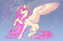 Size: 4121x2673 | Tagged: safe, artist:copshop, imported from derpibooru, fluttershy, pegasus, pony, female, long mane, looking at you, mare, raised hoof, raised leg, solo, spread wings, wings, zoom layer