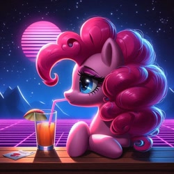 Size: 1024x1024 | Tagged: safe, imported from derpibooru, pinkie pie, earth pony, 80s, ai content, ai generated, cocktail glass, cocktail umbrella, drink, female, prompter:pinkiepiepics, solo, straw