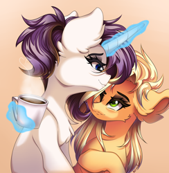 Size: 4000x4100 | Tagged: safe, artist:natanvok, imported from derpibooru, applejack, rarity, pony, alternate hairstyle, coffee mug, female, lesbian, magic, mug, rarijack, shipping