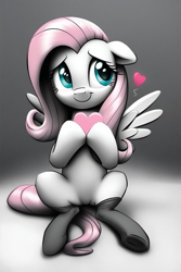 Size: 768x1152 | Tagged: safe, imported from derpibooru, fluttershy, pegasus, pony, ai content, ai generated, clothes, cute, emanata, generator:pony diffusion v6 xl, generator:stable diffusion, grin, heart, hoof hold, looking away, nervous, nervous grin, prompter:foxpony, shy, shyabetes, simple background, sitting, smiling, socks, solo, spread wings, wingboner, wings