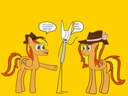 Size: 2224x1668 | Tagged: safe, artist:robertleyvaiii, imported from derpibooru, oc, oc only, oc:chuk, oc:firey rachel, oc:firey ratchet, pegasus, fedora, female, hat, male