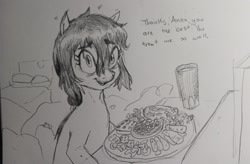 Size: 2048x1341 | Tagged: safe, artist:pony quarantine, imported from derpibooru, oc, oc only, oc:floor bored, earth pony, pony, female, food, looking at you, mare, pencil drawing, solo, talking to viewer, traditional art