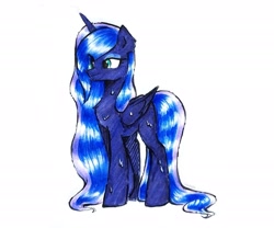 Size: 2501x2081 | Tagged: safe, artist:liaaqila, imported from derpibooru, princess luna, alicorn, pony, eye clipping through hair, female, folded wings, high res, horn, mare, simple background, solo, tail, traditional art, wet, wet mane, wet mane luna, white background, wings