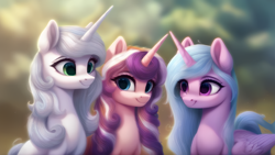 Size: 5120x2880 | Tagged: safe, editor:felisamafeles, imported from derpibooru, oc, alicorn, pony, unicorn, ai content, ai generated, alicorn oc, blue eyes, blue mane, blurry background, cute, female, generator:pony diffusion v6 xl, generator:purplesmart.ai, generator:stable diffusion, green eyes, horn, looking at each other, looking at someone, pink fur, purple eyes, purple fur, purple mane, silver mane, smiling, smiling at each other, trio, trio female, unicorn oc, white fur, white mane, wings