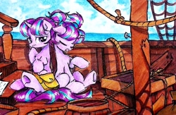 Size: 2315x1508 | Tagged: safe, artist:liaaqila, imported from derpibooru, starlight glimmer, pony, unicorn, bag, barrel, boat, cloud, commission, duality, duo, duo female, eyes closed, female, horn, mare, ocean, open mouth, raised hoof, rope, self paradox, self ponidox, sitting, sky, traditional art, underhoof, water