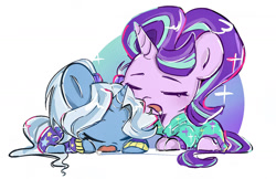 Size: 1619x1049 | Tagged: safe, artist:xinjinjumin947501963473, artist:一颗梅干菜, imported from derpibooru, starlight glimmer, trixie, pony, unicorn, alternate hairstyle, babysitter trixie, clothes, duo, duo female, female, gameloft, hoodie, horn, my little pony: magic princess, simple background, sleeping, white background