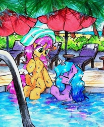 Size: 1756x2136 | Tagged: safe, artist:liaaqila, imported from derpibooru, izzy moonbow, sunny starscout, earth pony, pony, unicorn, beach, beach umbrella, duo, duo female, eye clipping through hair, eyes closed, female, g5, horn, looking at someone, mare, open mouth, outdoors, palm tree, partially submerged, sitting, swimming pool, tail, tree, umbrella, water, wet, wet mane