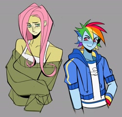 Size: 2048x1971 | Tagged: safe, artist:ymc0127, imported from derpibooru, fluttershy, rainbow dash, human, equestria girls, duo, duo female, female, gray background, simple background