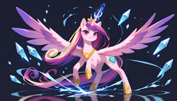 Size: 3840x2176 | Tagged: safe, imported from derpibooru, princess cadance, alicorn, pony, ai content, ai generated, concave belly, crystal, female, full body, generator:stable diffusion, generator:tponynai3, glowing, glowing horn, horn, long horn, long tail, magic, mare, pose, prompter:truekry, raised hoof, reflection, slender, solo, spread wings, tail, thin, wallpaper, wings