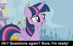 Size: 1920x1219 | Tagged: safe, edit, edited screencap, imported from derpibooru, screencap, twilight sparkle, alicorn, pony, comic:celestia's servant interview, princess twilight sparkle (episode), season 4, canterlot, caption, cs captions, detailed background, female, image macro, interview, mare, solo, text, twilight sparkle (alicorn)