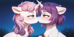 Size: 2400x1200 | Tagged: safe, imported from derpibooru, sweetie belle, oc, oc:sweetieck dreams, pony, unicorn, ai content, ai generated, bedroom eyes, blushing, boop, canon x oc, dreamsbelle, duo, duo female, female, french kiss, generator:stable diffusion, horn, kissing, lesbian, looking at each other, looking at someone, mare, noseboop, prompter:greesys, shipping, tongue to tongue