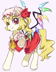 Size: 699x895 | Tagged: safe, imported from derpibooru, bat pony, pony, undead, vampire, blonde hair, clothes, ear fluff, female, filly, flandre scarlet, foal, frog (hoof), hat, pointing, ponified, red eyes, slit pupils, solo, touhou, underhoof