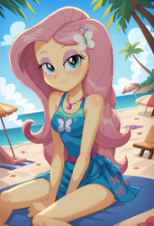 Size: 1664x2432 | Tagged: safe, imported from derpibooru, fluttershy, human, equestria girls, ai content, ai generated, clothes, generator:pony diffusion v6 xl, generator:stable diffusion, hourglass, ocean, outdoors, palm, palms, prompter:kimberlite, safe beach, solo, swimsuit, water