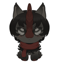 Size: 2094x2326 | Tagged: safe, artist:kaijulii, imported from derpibooru, oc, oc only, hybrid, kirin, pony, black fur, black hair, black mane, chibi, clothes, cute, ear fluff, female, fluffy, gray eyes, hybrid oc, red scarf, scarf, shiny eyes, short mane, simple background, solo, transparent background