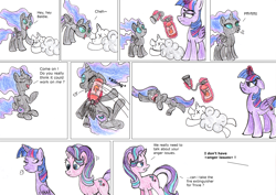 Size: 1800x1273 | Tagged: safe, artist:fleximusprime, imported from derpibooru, daybreaker, nightmare moon, starlight glimmer, twilight sparkle, alicorn, pony, unicorn, broken teeth, fire extinguisher, foal, horn, levitation, magic, onomatopoeia, raspberry, raspberry noise, rekt, simple background, telekinesis, tongue out, twilight sparkle (alicorn), unconscious, violence, white background, x eyes