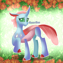 Size: 2924x2924 | Tagged: safe, imported from derpibooru, ocellus, changedling, changeling, absurd resolution, cute, digital art, ethereal mane, fanart, female, floppy ears, folded wings, forest, grass, green eyes, horn, leaves, looking at you, nature, raised hoof, shy, smiling, smiling at you, solo, starry mane, starry tail, tail, tree, wings