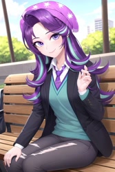 Size: 1024x1536 | Tagged: safe, imported from derpibooru, starlight glimmer, human, ai content, ai generated, beanie, bench, clothes, generator:civitai, hat, humanized, looking at you, necktie, pants, prompter:jesterofdestiny, ripped pants, sitting, suit, sweater vest, torn clothes