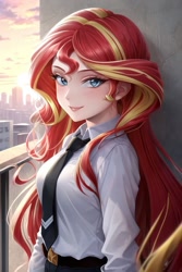 Size: 1024x1536 | Tagged: safe, imported from derpibooru, sunset shimmer, human, ai content, ai generated, belt, clothes, generator:civitai, humanized, looking at you, necktie, prompter:jesterofdestiny, shirt