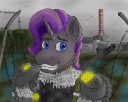 Size: 2560x2048 | Tagged: safe, artist:coffee_caramel, imported from derpibooru, oc, oc:farman royce, unicorn, barbed wire, blue eyes, body armor, chernobyl nuclear power plant, exoskeleton, forest, geiger counter, gray skin, grey sky, gun, horn, male, nature, purple mane, rifle, sky, smiling, sniper rifle, solo, stalcraft, stalker, stallion, swamp, tree, weapon