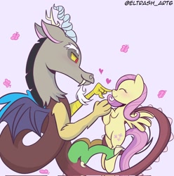 Size: 2028x2048 | Tagged: safe, artist:eltrash_art6, imported from derpibooru, discord, fluttershy, draconequus, pegasus, pony, beard, blushing, boop, cute, discoshy, duo, duo male and female, eyes closed, facial hair, fangs, female, flying, heart, male, mare, shipping, shyabetes, straight