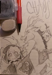 Size: 1429x2048 | Tagged: safe, artist:randomthinguwu, imported from derpibooru, discord, bill cipher, chaos, crossover, eraser, gravity falls, irl, male, owl house, pencil drawing, photo, sketch, the collector, traditional art, trio, trio male