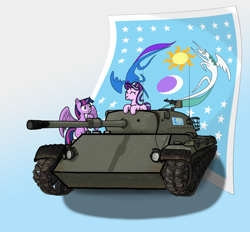 Size: 1772x1643 | Tagged: artist needed, source needed, safe, imported from derpibooru, starlight glimmer, twilight sparkle, flag of equestria, gradient background, grin, riding, smiling, spread wings, tank (vehicle), wings