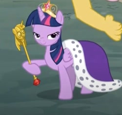 Size: 849x796 | Tagged: safe, imported from derpibooru, screencap, discord, twilight sparkle, alicorn, pony, princess twilight sparkle (episode), big crown thingy, clothes, cropped, duo, duo male and female, element of magic, female, jewelry, lidded eyes, male, meme, regalia, robe, scepter, smiling, twilight scepter, twilight sparkle (alicorn)