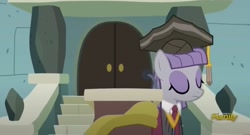 Size: 1994x1079 | Tagged: safe, imported from derpibooru, screencap, maud pie, earth pony, pony, rock solid friendship, clothes, door, eyes closed, female, formal wear, graduation, graduation cap, hat, mare, maud pie's tie, necktie, podium, solo, stairs, walking