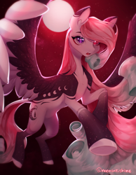 Size: 2566x3300 | Tagged: safe, artist:noemint, imported from derpibooru, oc, oc only, pegasus, pony, female, flying, full moon, heterochromia, mare, moon