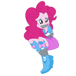 Size: 2000x2000 | Tagged: safe, artist:nie-martw-sie-o-mnie, imported from derpibooru, pinkie pie, human, equestria girls, arm behind back, bondage, boots, bound and gagged, clothes, female, femsub, gag, high heel boots, pinkiesub, shoes, simple background, sitting, skirt, solo, submissive, tape, tape bondage, tape gag, transparent background