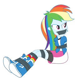 Size: 2000x2000 | Tagged: safe, artist:nie-martw-sie-o-mnie, imported from derpibooru, rainbow dash, human, equestria girls, arm behind back, bondage, bound and gagged, clothes, dashsub, female, femsub, gag, rainbow socks, simple background, sitting, skirt, socks, solo, striped socks, submissive, tape, tape bondage, tape gag, transparent background