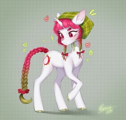 Size: 1440x1373 | Tagged: safe, alternate version, artist:noemint, imported from derpibooru, oc, oc only, pony, unicorn, abstract background, bow, braid, braided tail, female, floating heart, freckles, hair bow, hat, heart, horn, mare, solo, tail