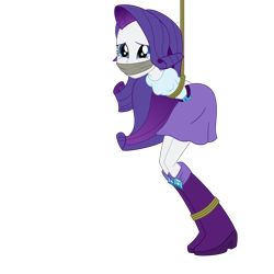 Size: 2500x2500 | Tagged: safe, artist:nie-martw-sie-o-mnie, imported from derpibooru, rarity, human, equestria girls, arm behind back, bondage, boots, bound and gagged, cloth gag, clothes, female, femsub, gag, looking at you, rarisub, rope, rope bondage, shoes, simple background, skirt, solo, submissive, suspended, suspension bondage, transparent background