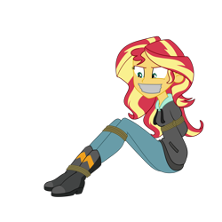 Size: 2500x2500 | Tagged: safe, artist:nie-martw-sie-o-mnie, imported from derpibooru, sunset shimmer, human, equestria girls, arm behind back, bondage, boots, bound and gagged, clothes, denim, female, femsub, gag, hoodie, jeans, pants, rope, rope bondage, shoes, simple background, sitting, solo, submissive, subset, tape, tape gag, transparent background