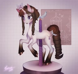 Size: 1440x1375 | Tagged: safe, artist:noemint, imported from derpibooru, oc, oc only, pony, unicorn, abstract background, bow, carousel, horn, horn bow, male, solo, stallion, unshorn fetlocks